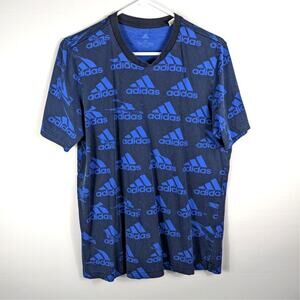 Adidas Men’s M Allover Logo T-Shirt Blue Black Graphic Short Sleeve Cotton Tee
